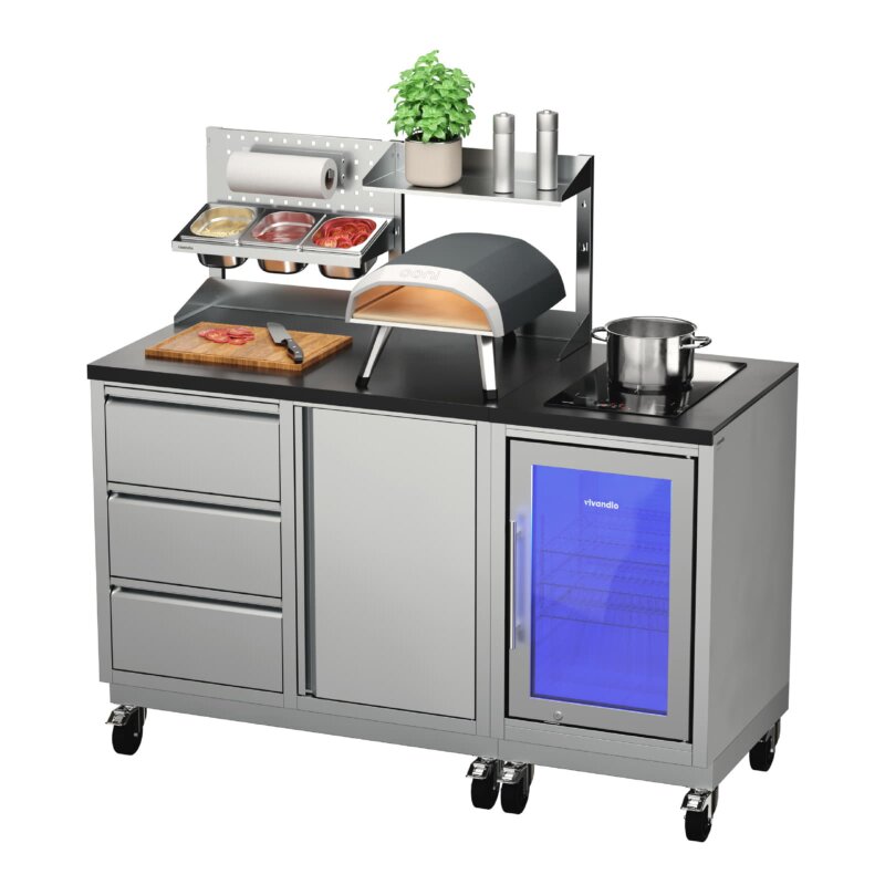 Vivandio quub Kompakte Gartenküche mit Kühlschrank & Kochfeld, silber