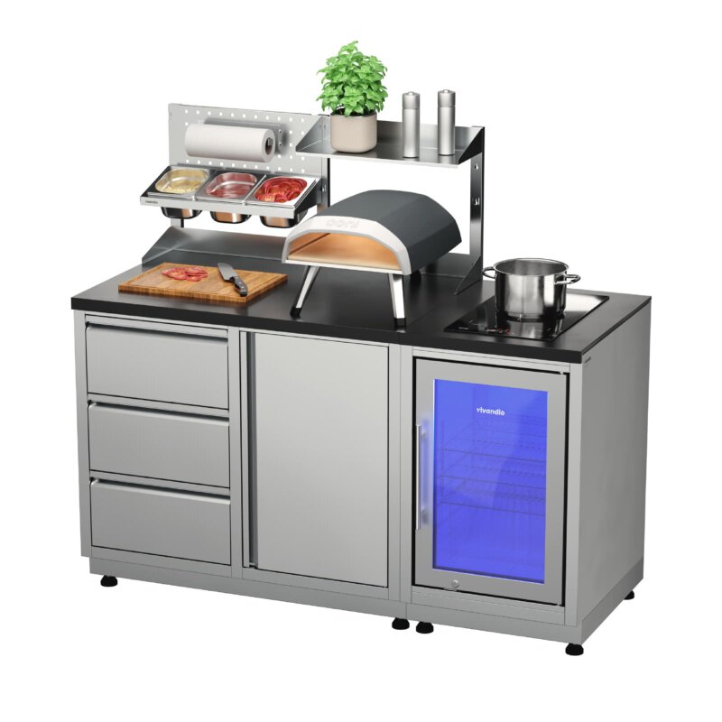 Vivandio quub Kompakte Gartenküche mit Kühlschrank & Kochfeld, silber
