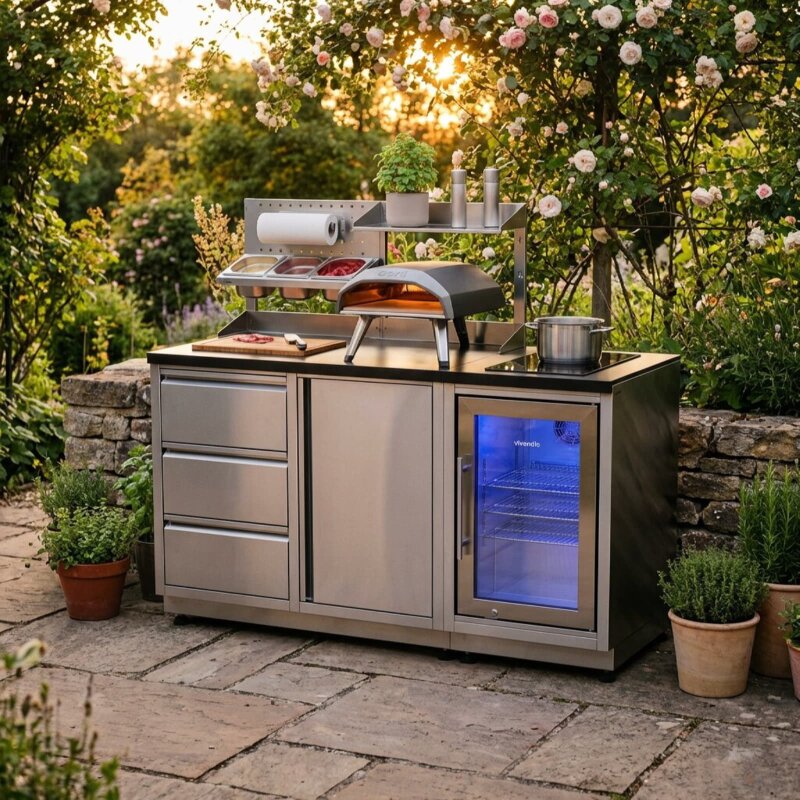 Vivandio quub Kompakte Gartenküche mit Kühlschrank & Kochfeld, silber