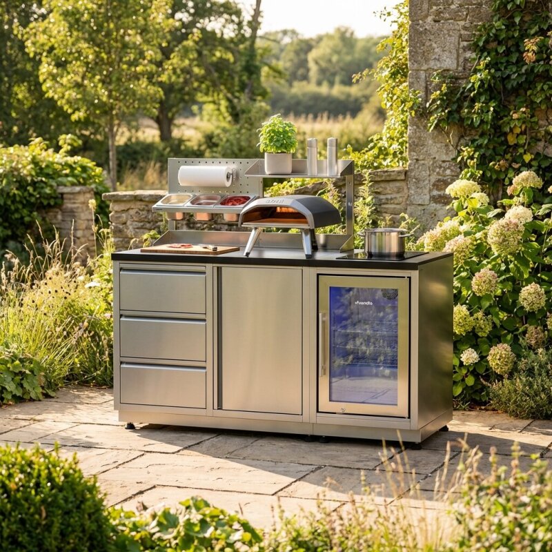 Vivandio quub Kompakte Gartenküche mit Kühlschrank & Kochfeld, silber