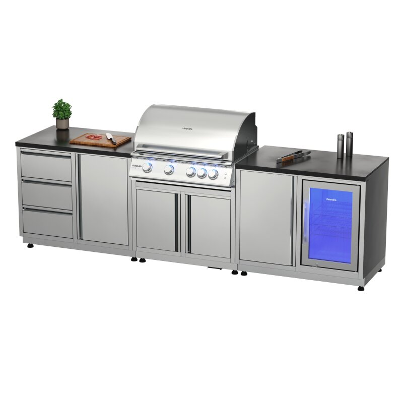 Vivandio quub Outdoorküche mit Grill fyre x, Kühlschrank, Arbeitsplatte, Silber