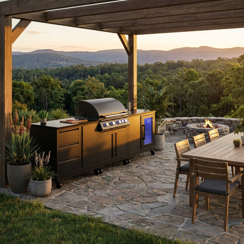 Vivandio quub Outdoorküche mit Grill fyre x, Kühlschrank, Arbeitsplatte, Mattschwarz