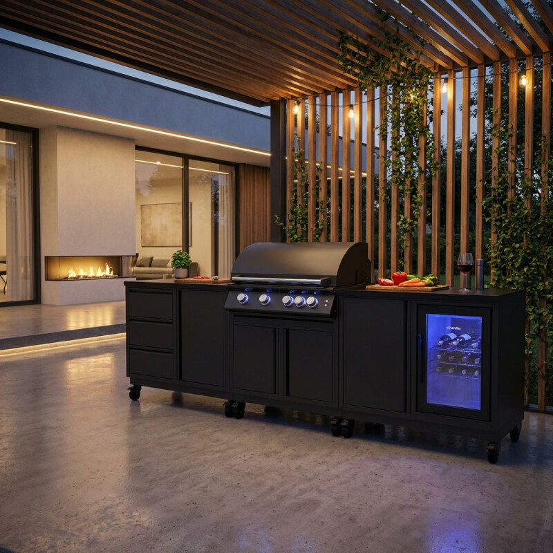 Vivandio quub Outdoorküche mit Grill fyre x, Kühlschrank, Arbeitsplatte, Mattschwarz