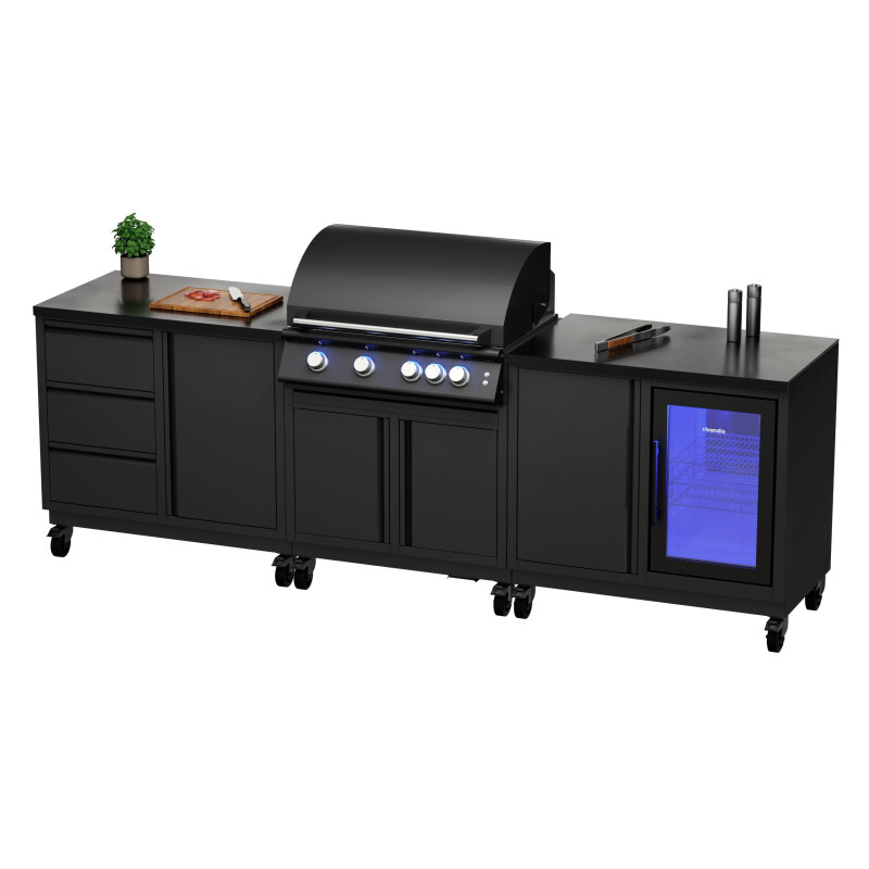 Vivandio quub Outdoorküche mit Grill fyre x, Kühlschrank, Arbeitsplatte, Mattschwarz