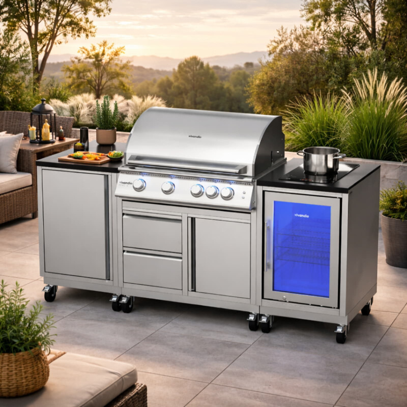 Vivandio quub Outdoorküche mit Grill fyre x, Kühlschrank, Kochfeld, Silber