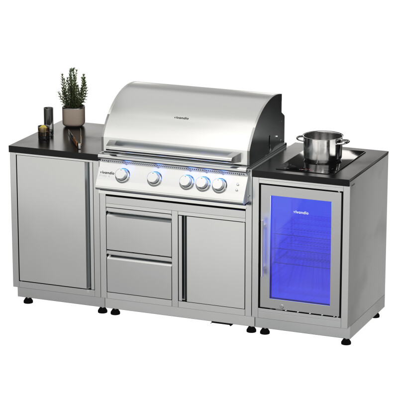 Vivandio quub Outdoorküche mit Grill fyre x, Kühlschrank, Kochfeld, Silber