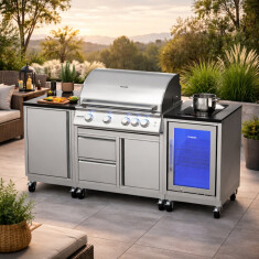 Vivandio quub Outdoorküche mit Grill fyre x, Kühlschrank, Kochfeld, Silber