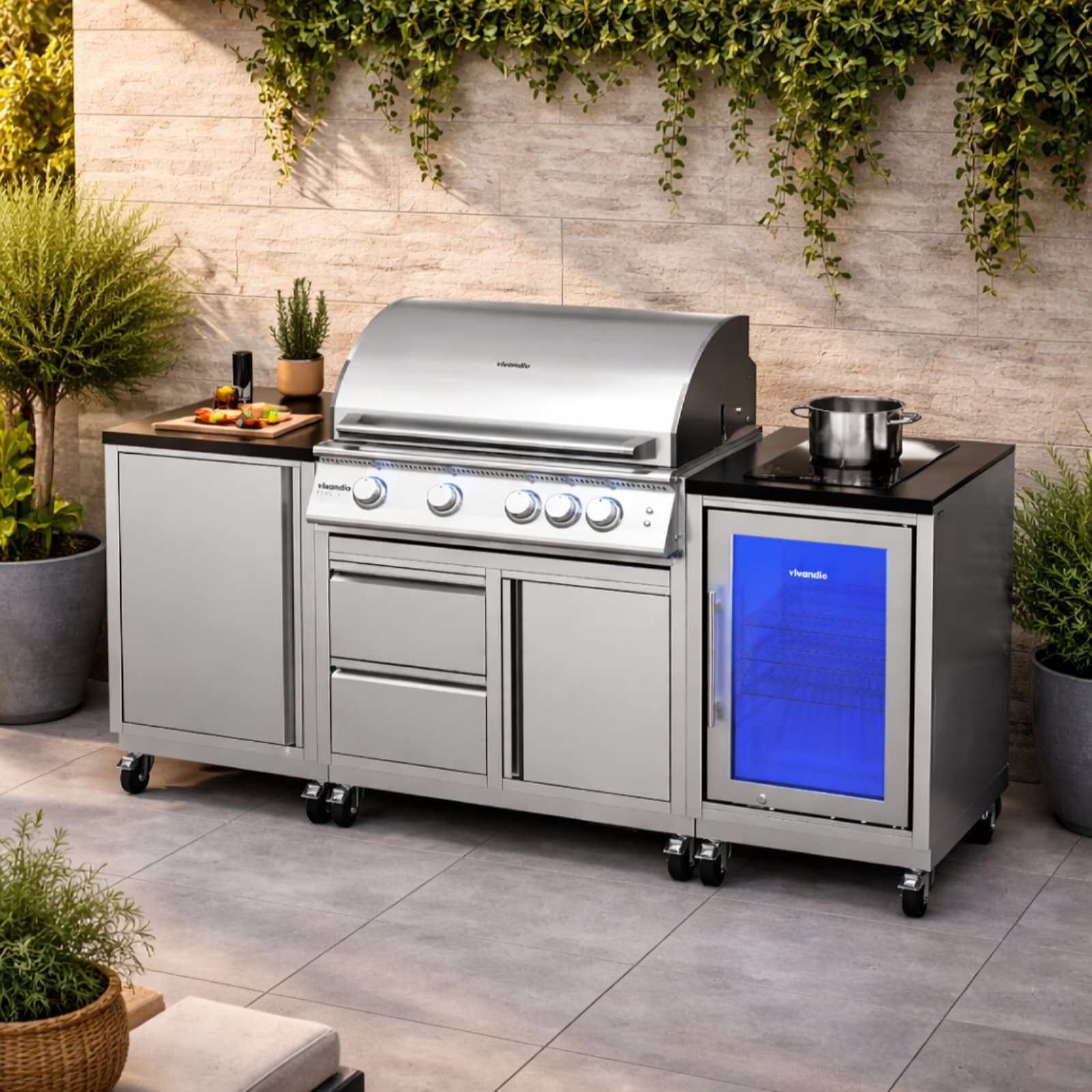 Vivandio quub Outdoorküche mit Grill fyre x, Kühlschrank, Kochfeld, Silber