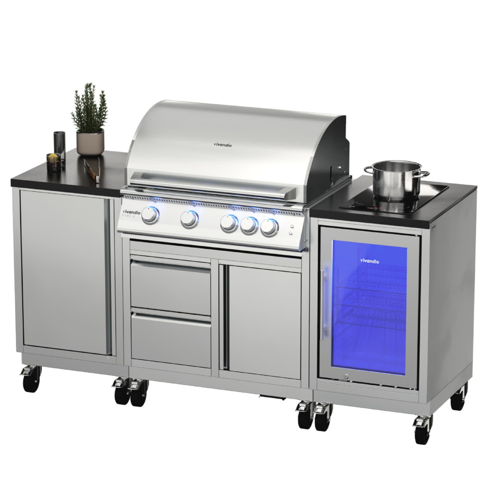 Vivandio quub Outdoorküche mit Grill fyre x, Kühlschrank, Kochfeld, Silber