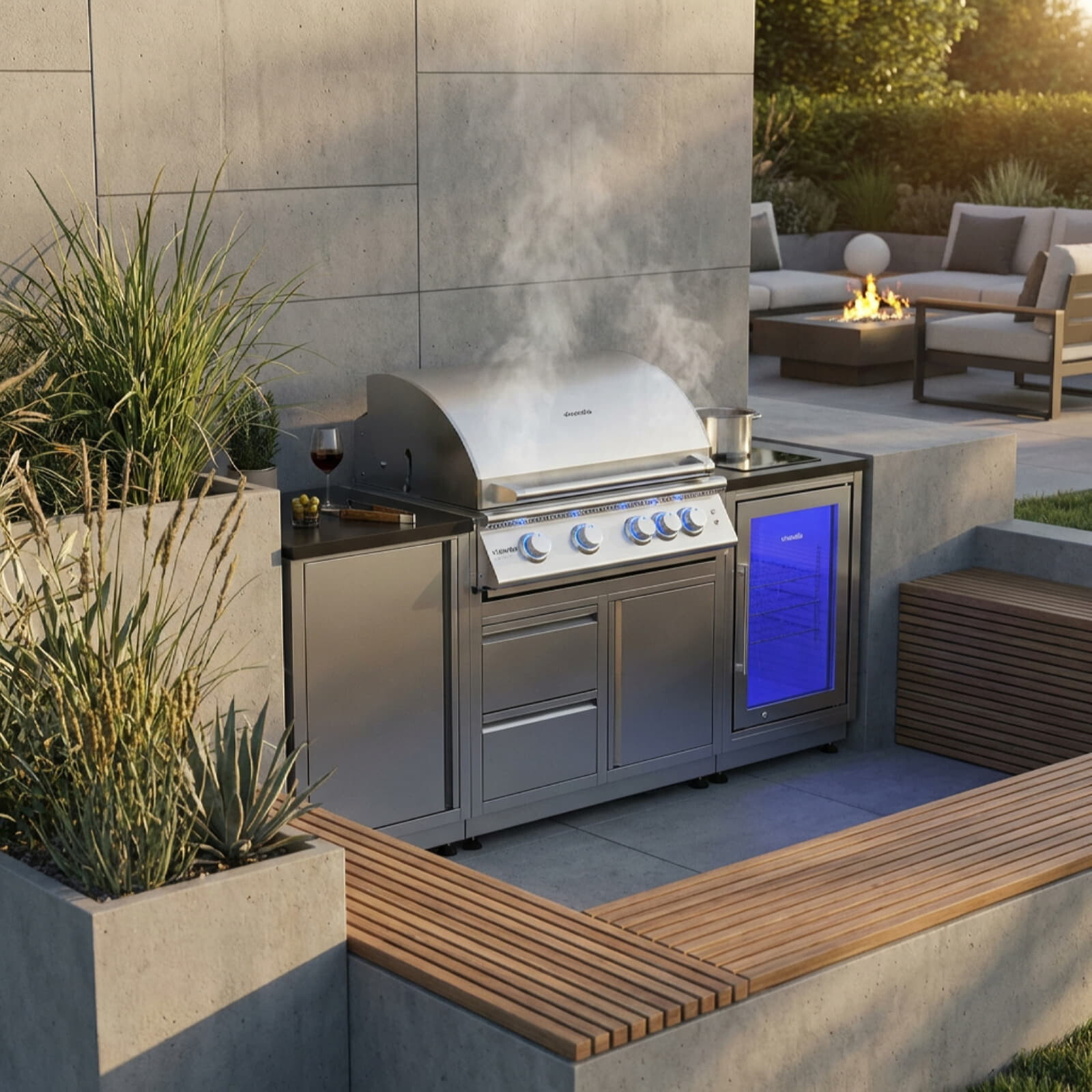 Vivandio quub Outdoorküche mit Grill fyre x, Kühlschrank, Kochfeld, Silber