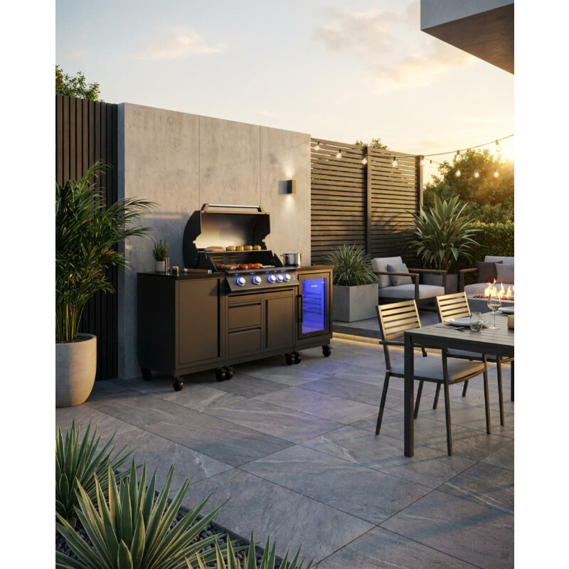 Vivandio quub Outdoorküche mit Grill fyre x, Kühlschrank, Kochfeld, Mattschwarz