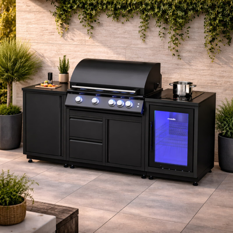 Vivandio quub Outdoorküche mit Grill fyre x, Kühlschrank, Kochfeld, Mattschwarz