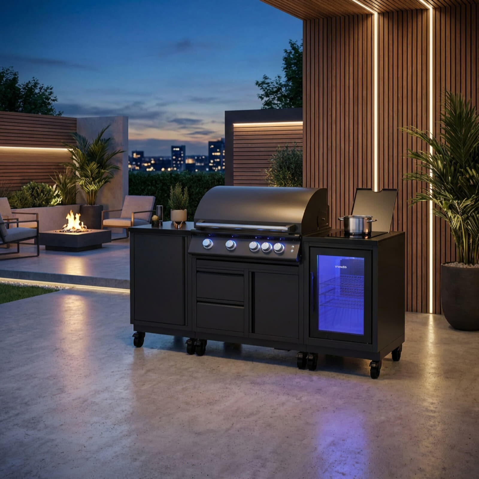 Vivandio quub Outdoorküche mit Grill fyre x, Kühlschrank, Kochfeld, Mattschwarz