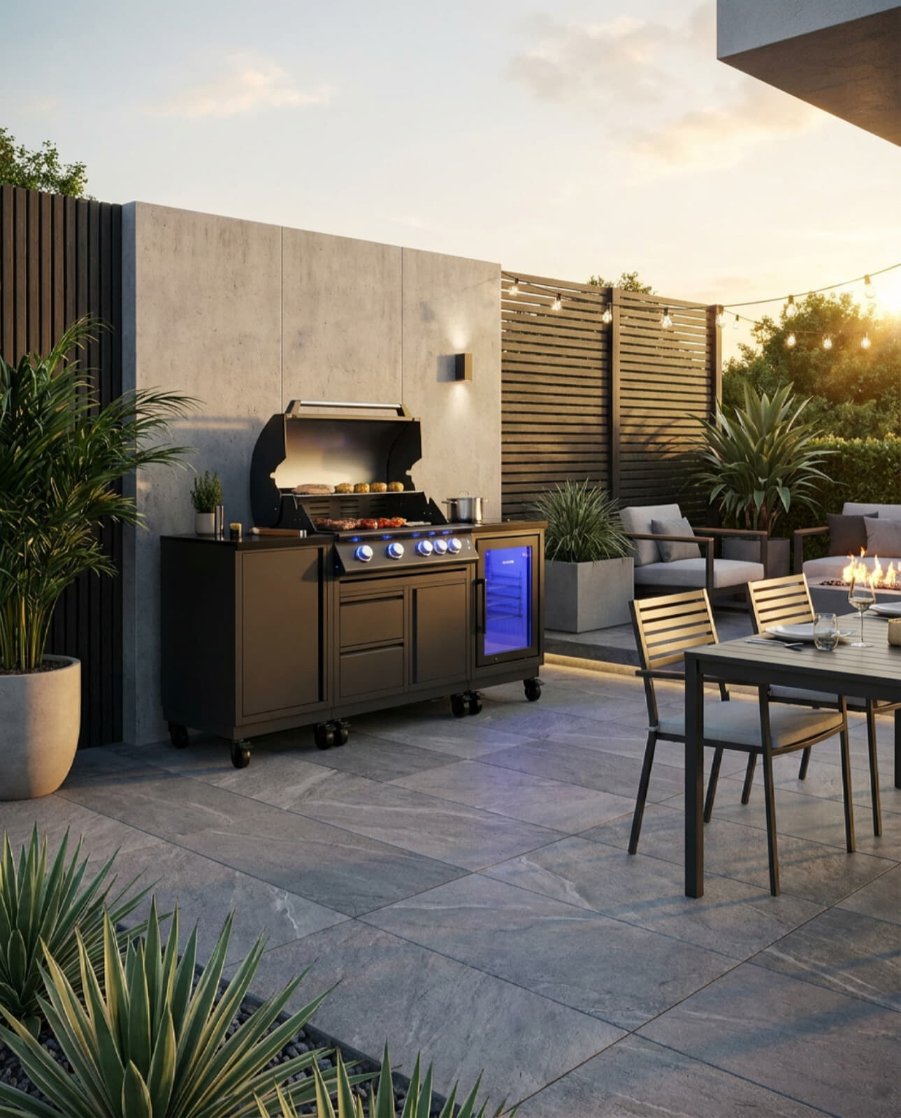 Vivandio quub Outdoorküche mit Grill fyre x, Kühlschrank, Kochfeld, Mattschwarz