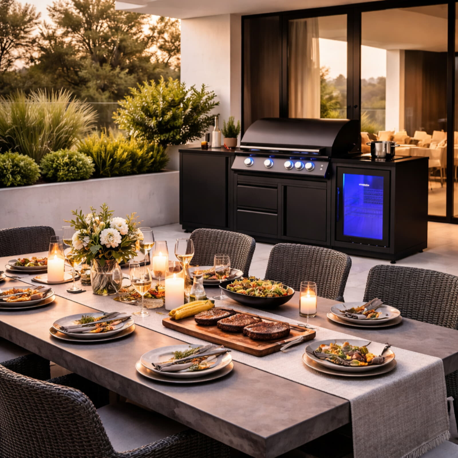 Vivandio quub Outdoorküche mit Grill fyre x, Kühlschrank, Kochfeld, Mattschwarz