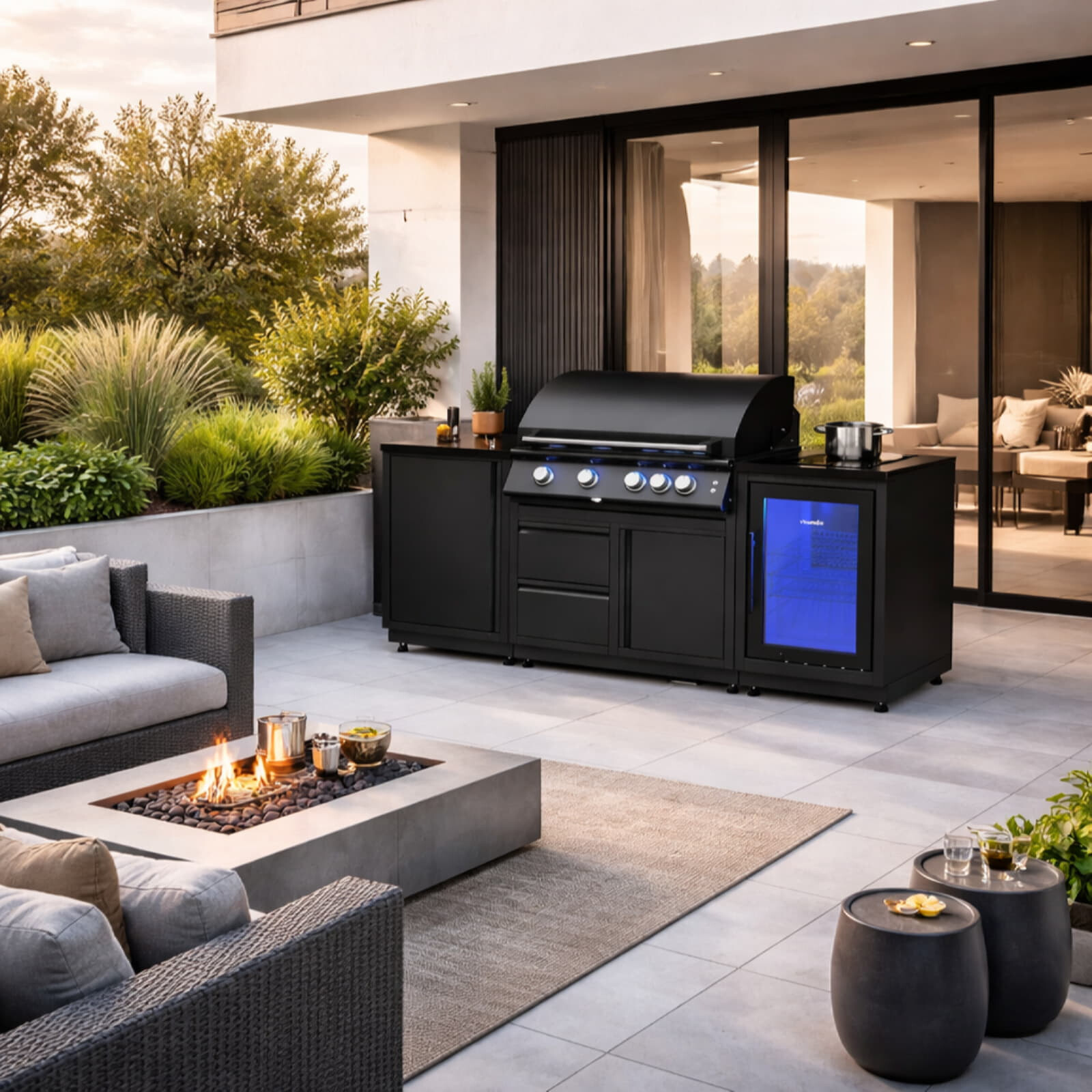 Vivandio quub Outdoorküche mit Grill fyre x, Kühlschrank, Kochfeld, Mattschwarz