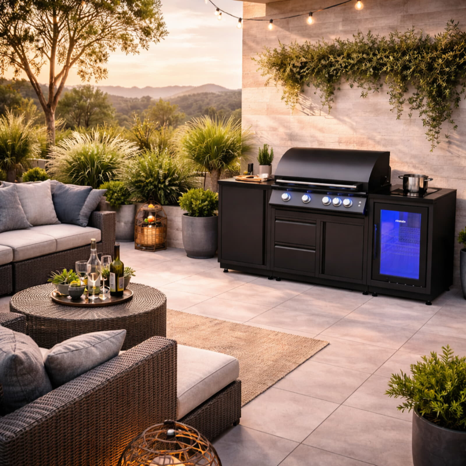 Vivandio quub Outdoorküche mit Grill fyre x, Kühlschrank, Kochfeld, Mattschwarz