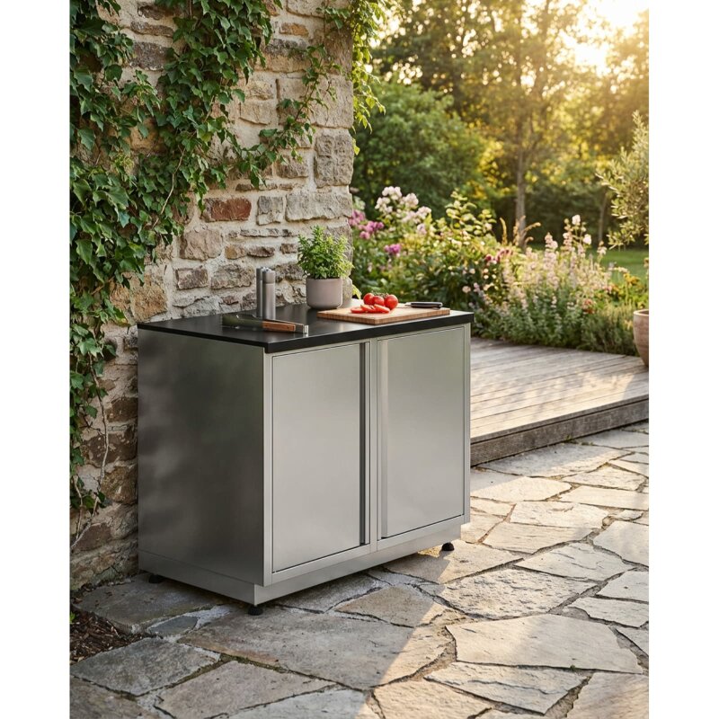 Vivandio quub Garten- & Grillschrank mit Steinarbeitsfläche, Silber