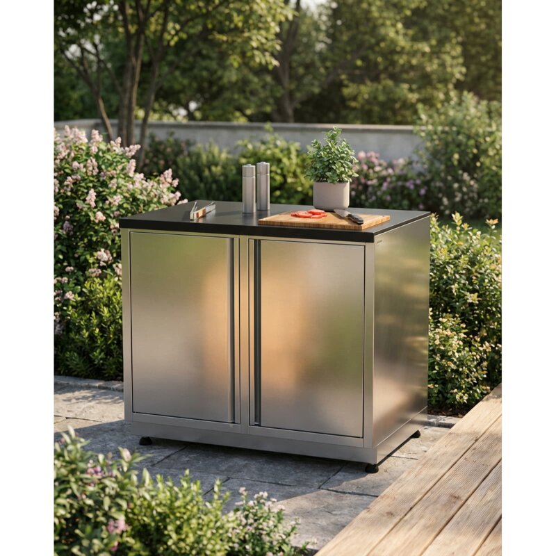 Vivandio quub Garten- & Grillschrank mit Steinarbeitsfläche, Silber