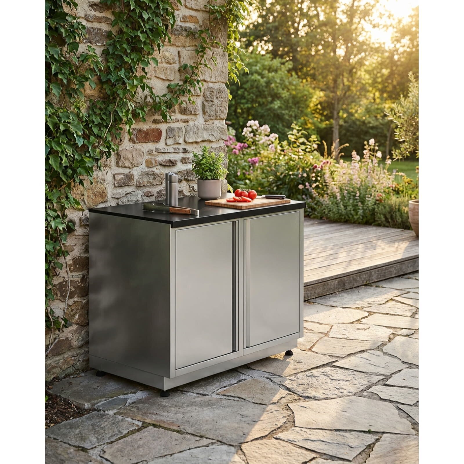 Vivandio quub Garten- & Grillschrank mit Steinarbeitsfläche, Silber