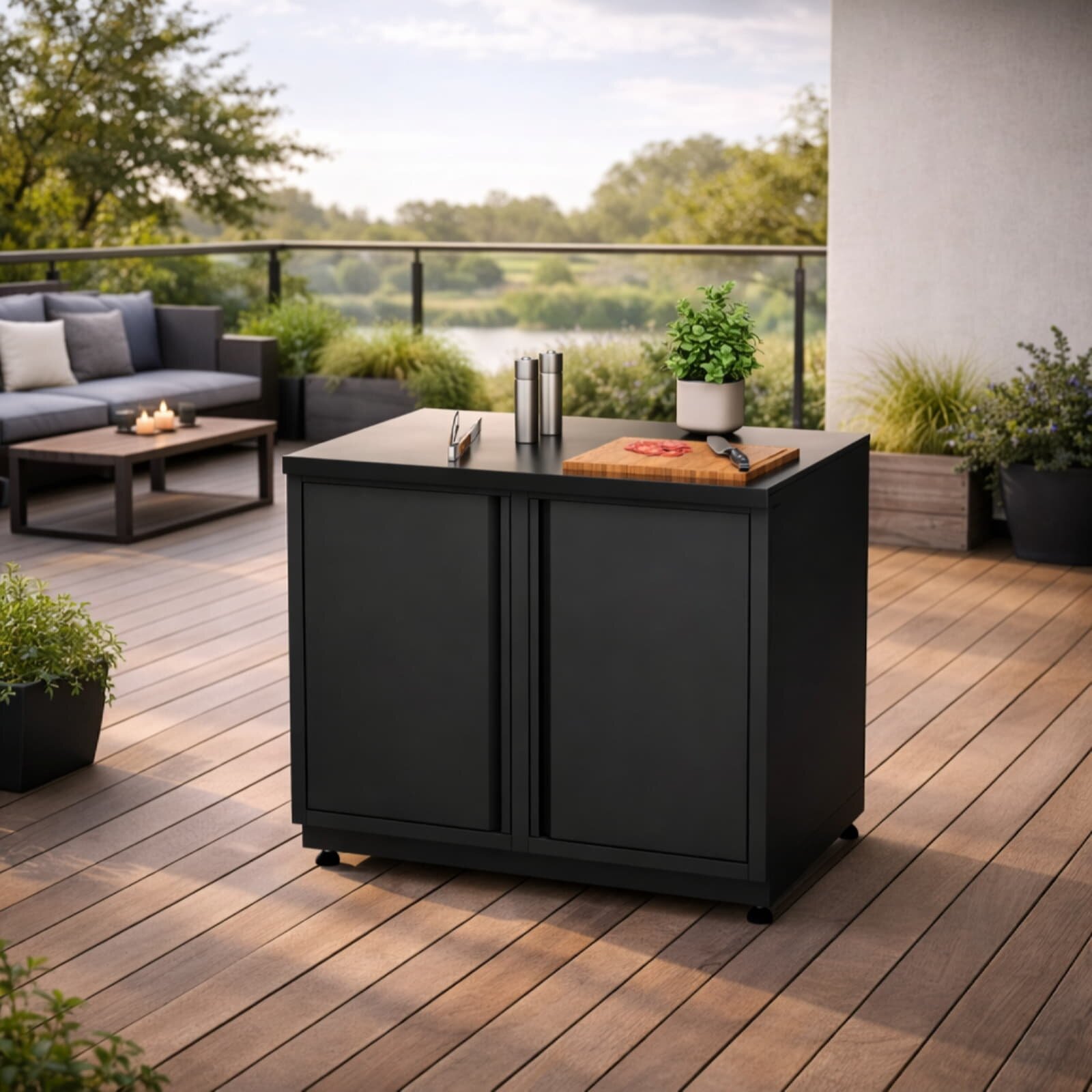 Vivandio quub Garten- & Grillschrank mit Steinarbeitsfläche, Schwarz