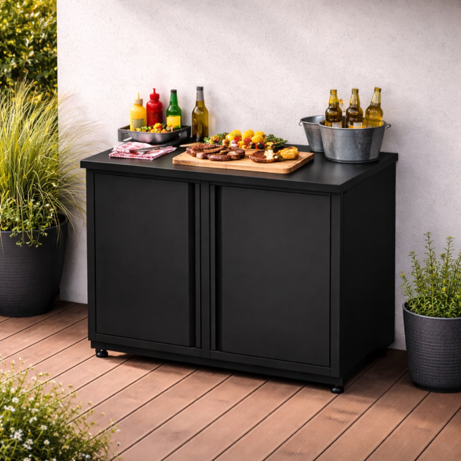 Vivandio quub Garten- & Grillschrank mit Steinarbeitsfläche, Schwarz