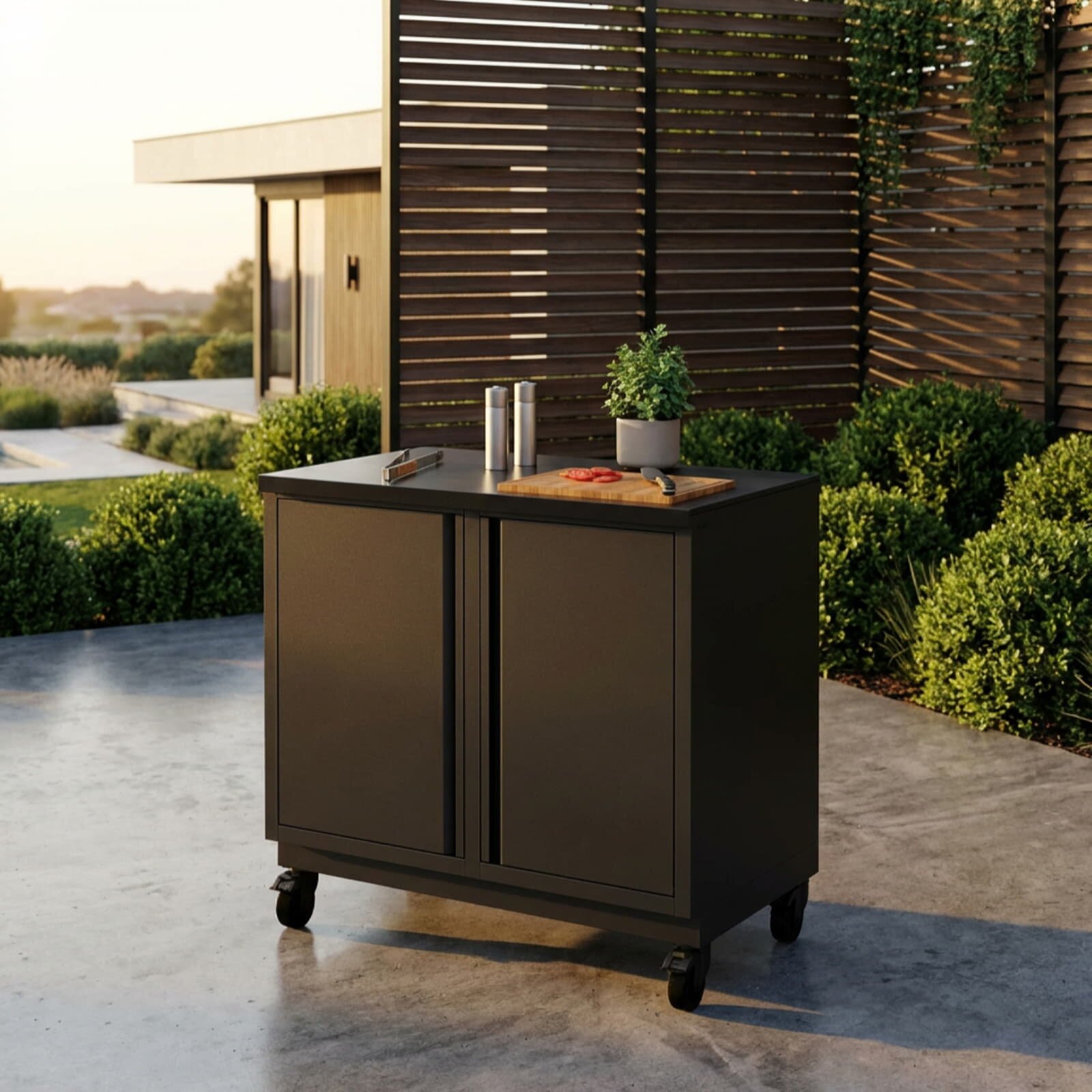 Vivandio quub Garten- & Grillschrank mit Steinarbeitsfläche, Schwarz