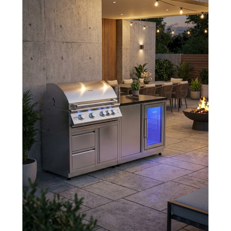 Vivandio quub mobile Outdoorküche mit Grill fyre x, Kühlschrank & Arbeitsplatte, Silber
