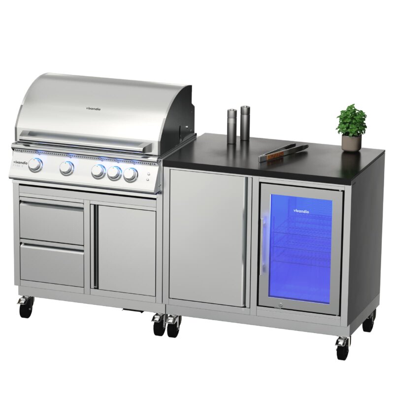 Vivandio quub mobile Outdoorküche mit Grill fyre x, Kühlschrank & Arbeitsplatte, Silber