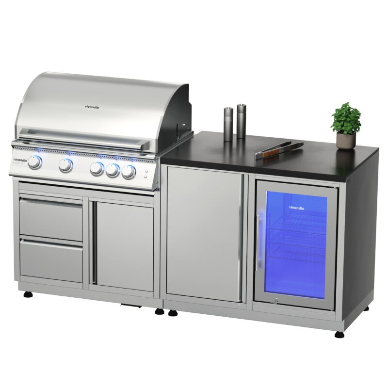 Vivandio quub mobile Outdoorküche mit Grill fyre x, Kühlschrank & Arbeitsplatte, Silber