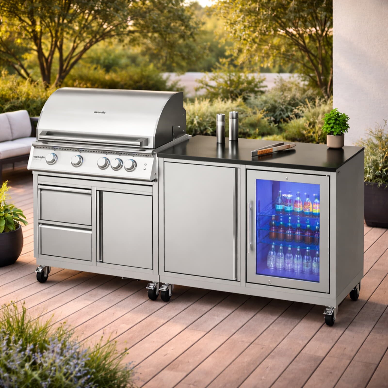 Vivandio quub mobile Outdoorküche mit Grill fyre x, Kühlschrank & Arbeitsplatte, Silber