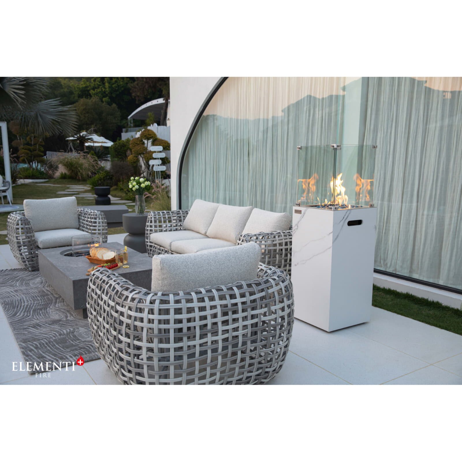 Gas Feuersäule Elementi+ Yukon, Marmor Optik, Bianco Weiß