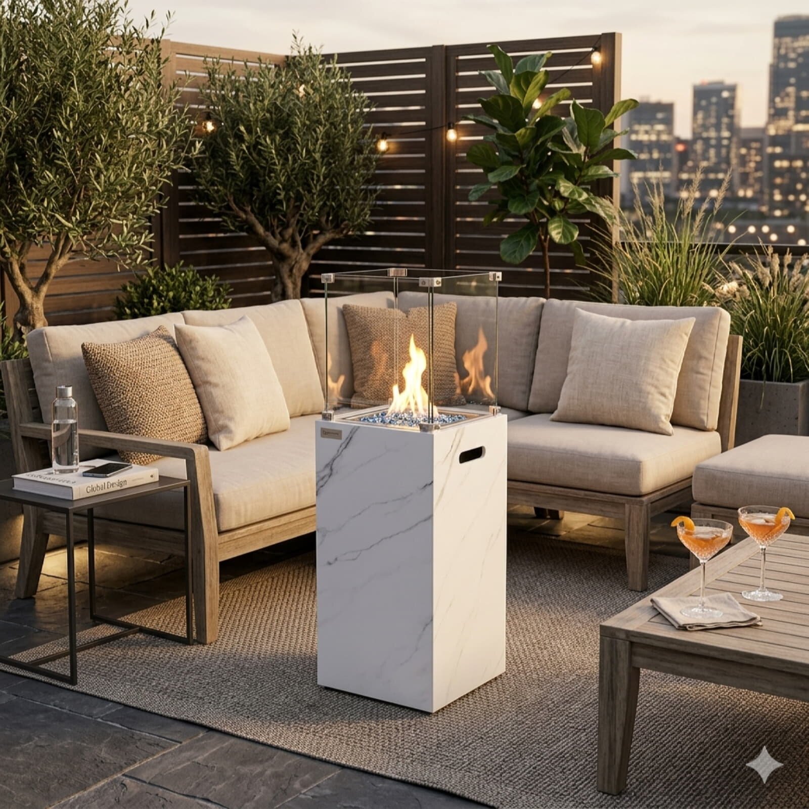 Gas Feuersäule Elementi+ Yukon, Marmor Optik, Bianco Weiß