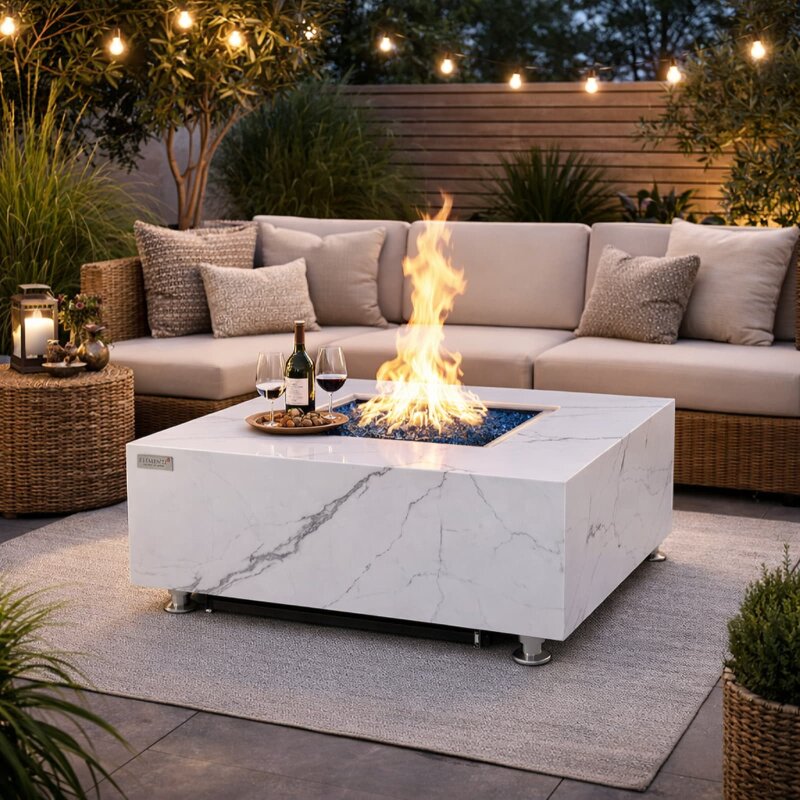 Loungetisch mit Gas Feuerstelle Elementi+ Bianco in Marmor- Optik, Bianco Weiß