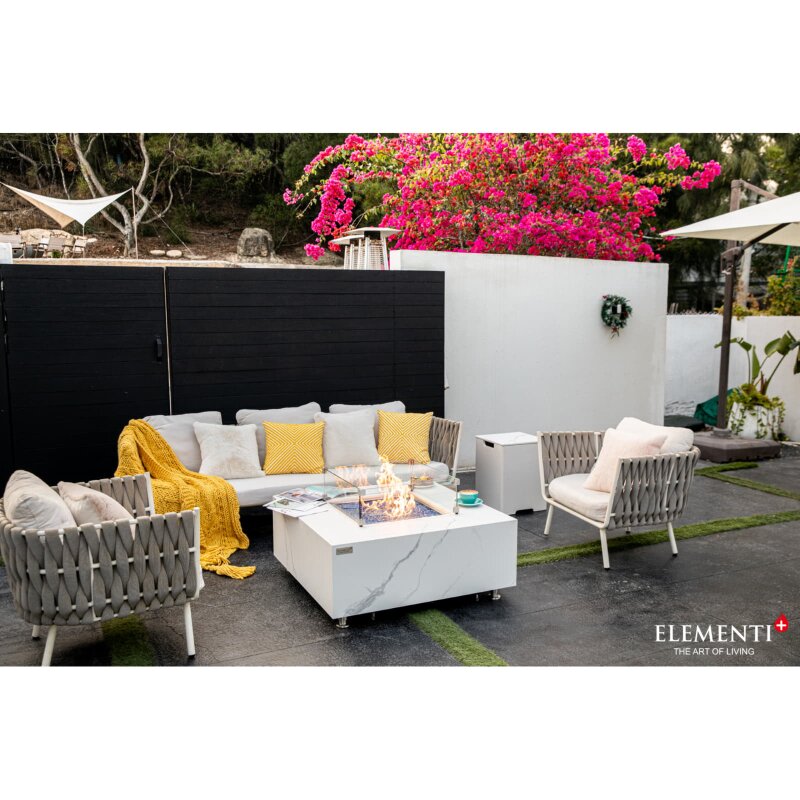 Loungetisch mit Gas Feuerstelle Elementi+ Bianco in Marmor- Optik, Bianco Weiß