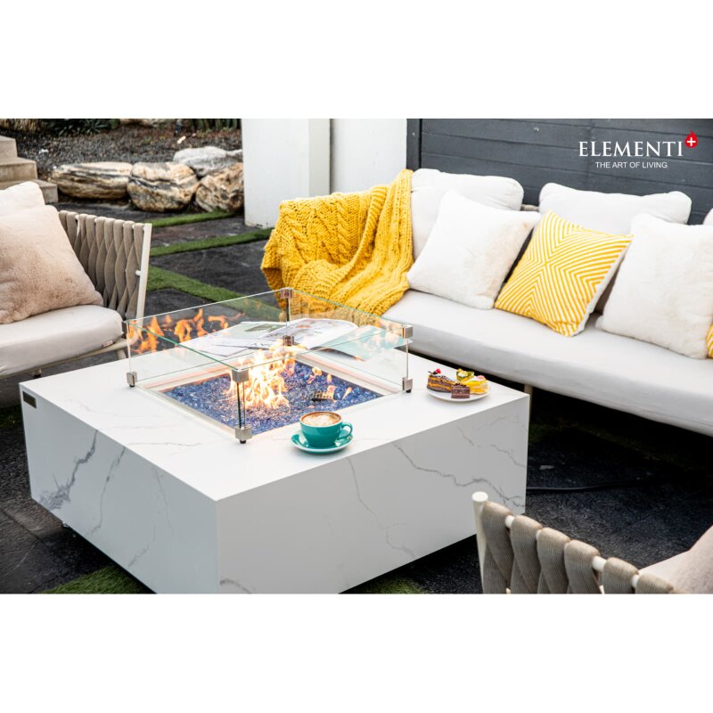 Loungetisch mit Gas Feuerstelle Elementi+ Bianco in Marmor- Optik, Bianco Weiß