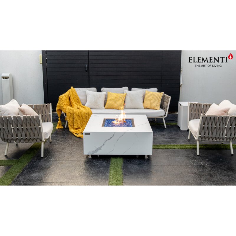 Loungetisch mit Gas Feuerstelle Elementi+ Bianco in Marmor- Optik, Bianco Weiß