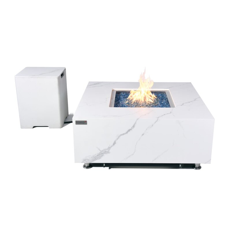 Loungetisch mit Gas Feuerstelle Elementi+ Bianco in Marmor- Optik, Bianco Weiß
