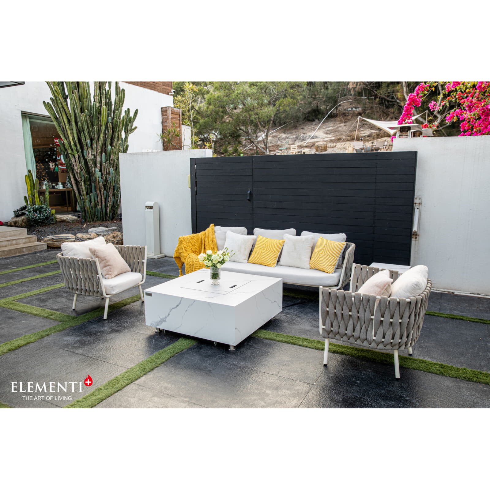 Loungetisch mit Gas Feuerstelle Elementi+ Bianco in Marmor- Optik, Bianco Weiß