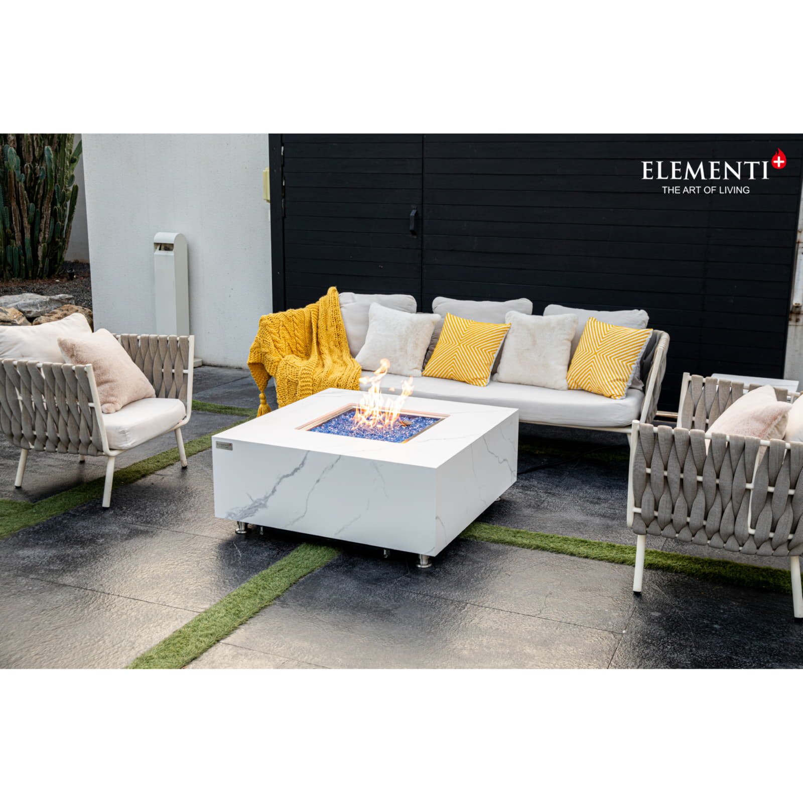 Loungetisch mit Gas Feuerstelle Elementi+ Bianco in Marmor- Optik, Bianco Weiß