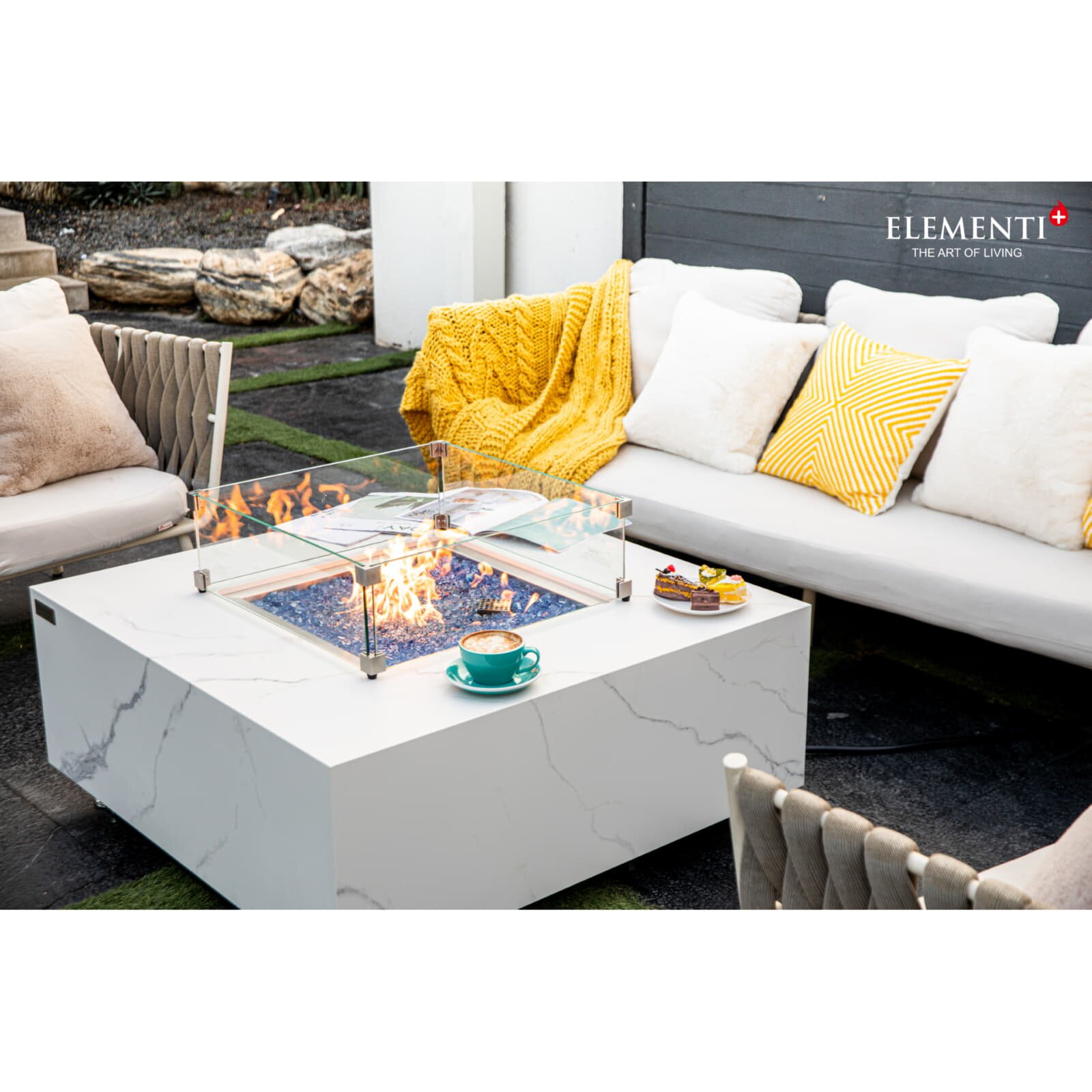 Loungetisch mit Gas Feuerstelle Elementi+ Bianco in Marmor- Optik, Bianco Weiß