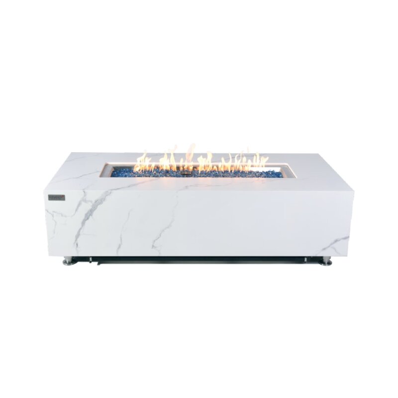 Loungetisch mit Gas Feuerstelle Elementi+ Carrara, Marmor- Design, Bianco Weiß