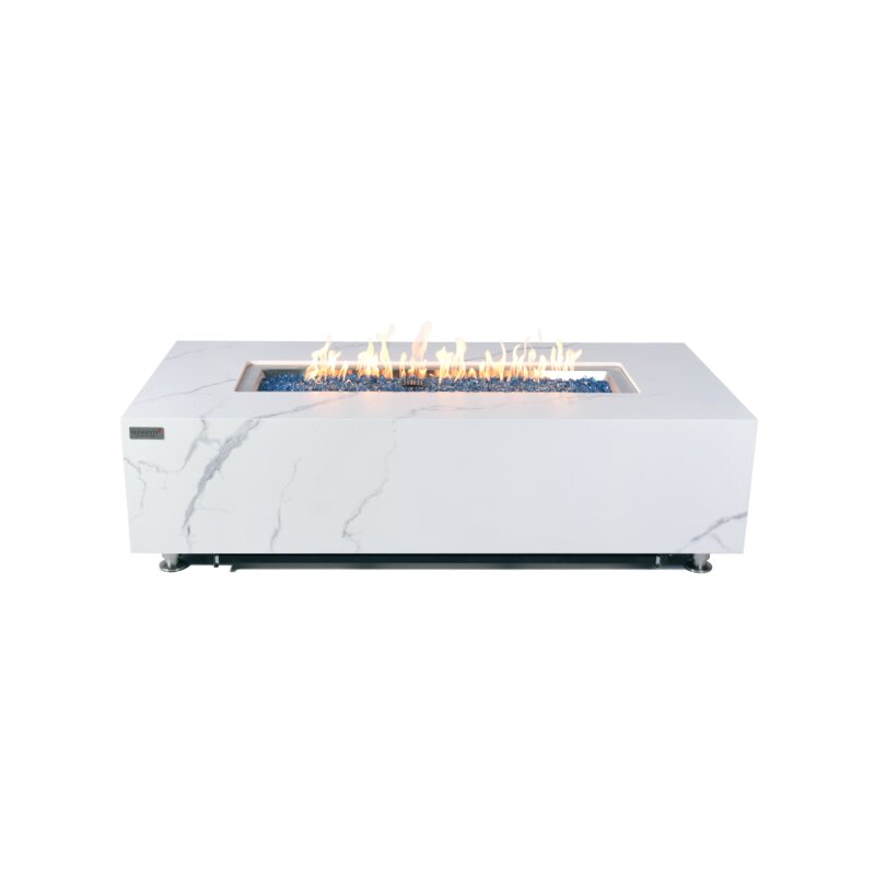 Loungetisch mit Gas Feuerstelle Elementi+ Carrara, Marmor- Design, Bianco Weiß