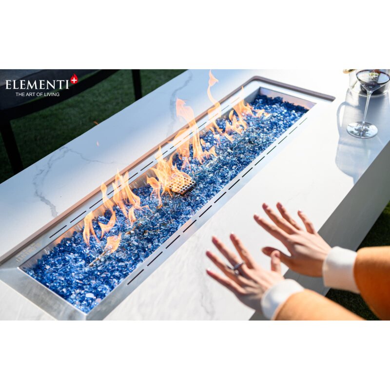 Loungetisch mit Gas Feuerstelle Elementi+ Carrara, Marmor- Design, Bianco Weiß