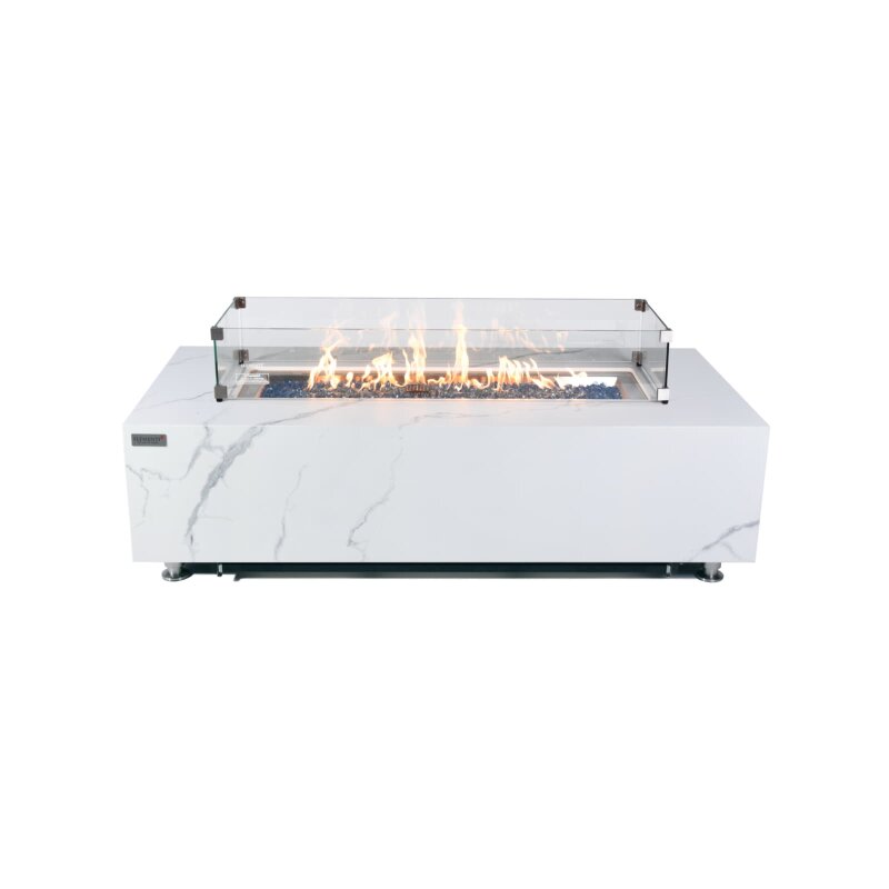 Loungetisch mit Gas Feuerstelle Elementi+ Carrara, Marmor- Design, Bianco Weiß