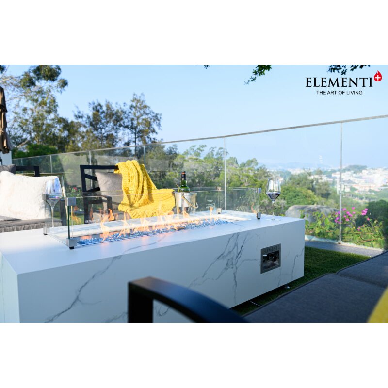 Loungetisch mit Gas Feuerstelle Elementi+ Carrara, Marmor- Design, Bianco Weiß