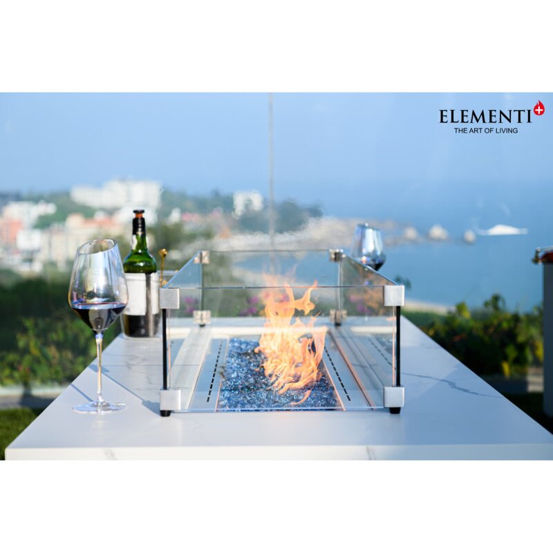 Loungetisch mit Gas Feuerstelle Elementi+ Carrara, Marmor- Design, Bianco Weiß