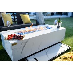 Loungetisch mit Gas Feuerstelle Elementi+ Carrara, Marmor- Design, Bianco Wei&szlig;
