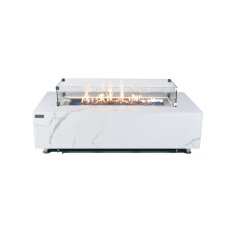 Loungetisch mit Gas Feuerstelle Elementi+ Carrara, Marmor- Design, Bianco Wei&szlig;