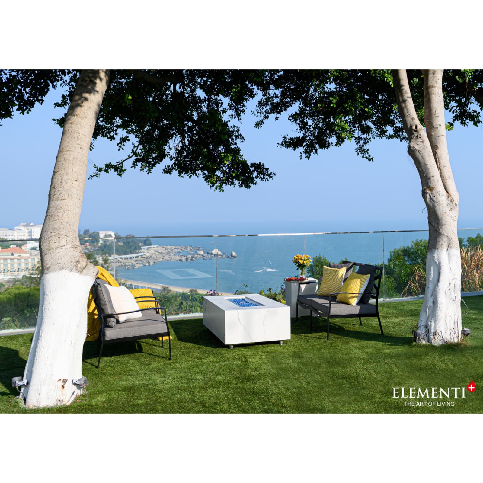 Loungetisch mit Gas Feuerstelle Elementi+ Carrara, Marmor- Design, Bianco Weiß